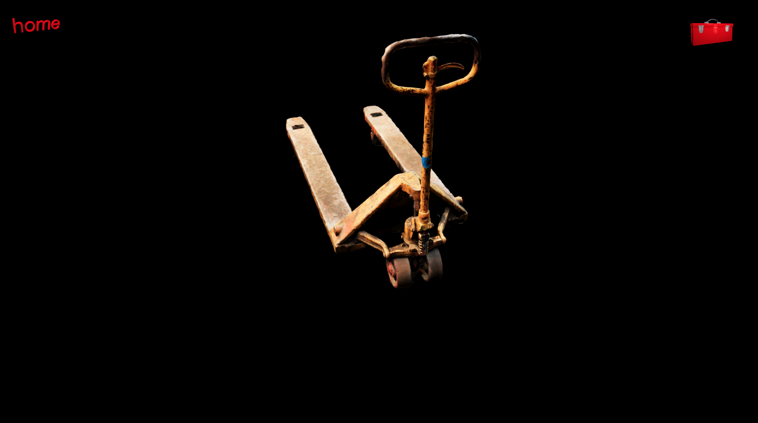 a rusted yellow pallet jack floating against a black background